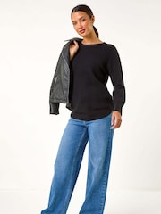Roman Black Textured Curved Hem Jumper - Image 2 of 5