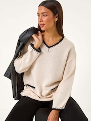 Roman White Blanket Stitch V-Neck Knitted Jumper - Image 1 of 5