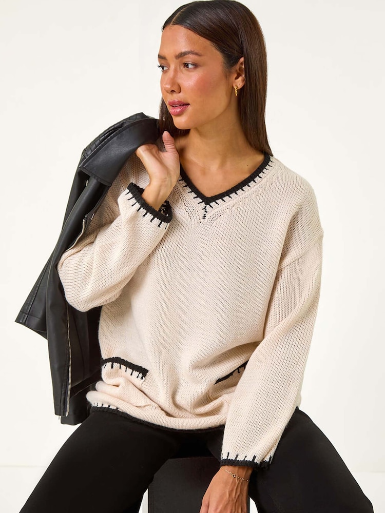 Roman White Blanket Stitch V-Neck Knitted Jumper - Image 1 of 5