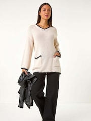Roman White Blanket Stitch V-Neck Knitted Jumper - Image 2 of 5