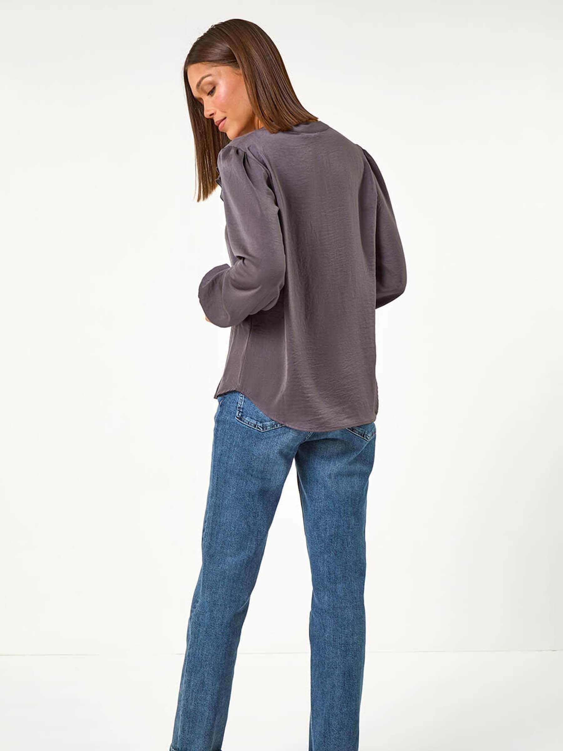 Buy Roman Grey Satin Ruffle Neck Blouse from Next Oman