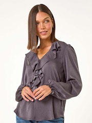 Roman Grey Satin Ruffle Neck Blouse - Image 4 of 5