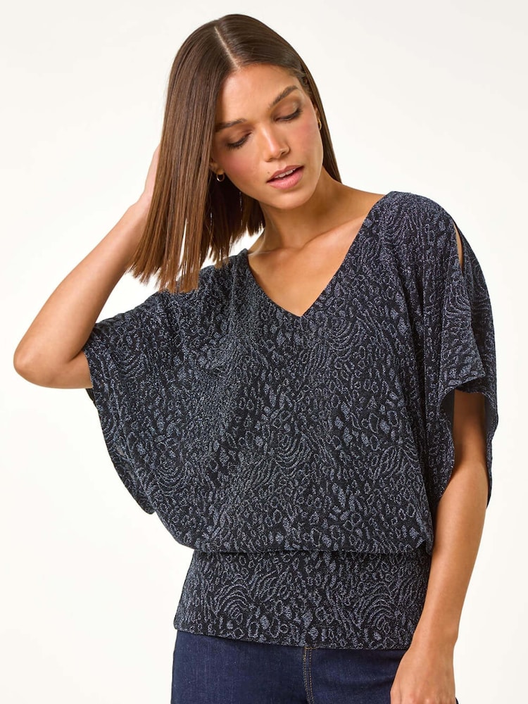 Roman Blue Glitter Animal Print Banded Hem Stretch Top - Image 1 of 6