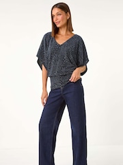 Roman Blue Glitter Animal Print Banded Hem Stretch Top - Image 3 of 6
