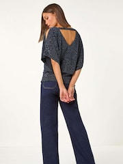 Roman Blue Glitter Animal Print Banded Hem Stretch Top - Image 4 of 6