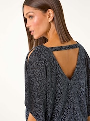 Roman Blue Glitter Animal Print Banded Hem Stretch Top - Image 5 of 6