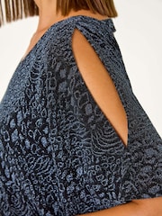 Roman Blue Glitter Animal Print Banded Hem Stretch Top - Image 6 of 6