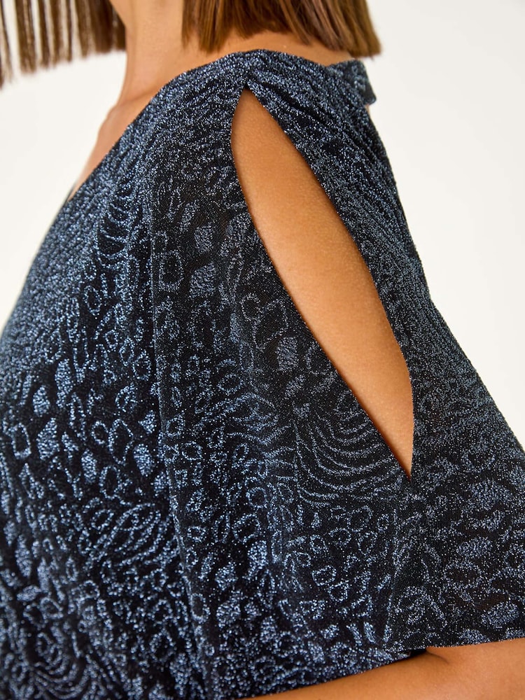 Roman Blue Glitter Animal Print Banded Hem Stretch Top - Image 6 of 6