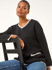 Roman Black Blanket Stitch V-Neck Knitted Jumper - Image 1 of 5