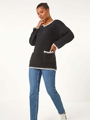 Roman Black Blanket Stitch V-Neck Knitted Jumper - Image 2 of 5