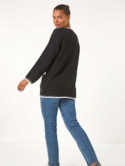 Roman Black Blanket Stitch V-Neck Knitted Jumper - Image 3 of 5