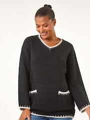 Roman Black Blanket Stitch V-Neck Knitted Jumper - Image 4 of 5