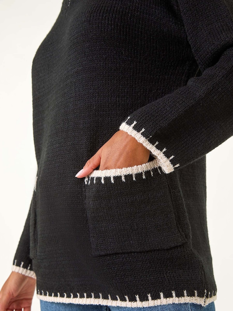 Roman Black Blanket Stitch V-Neck Knitted Jumper - Image 5 of 5