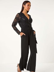 Roman Sequin Lace V-Neck Stretch Jumpsuit - Imagen 1 de 5