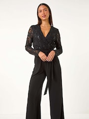 Roman Sequin Lace V-Neck Stretch Jumpsuit - Imagen 2 de 5