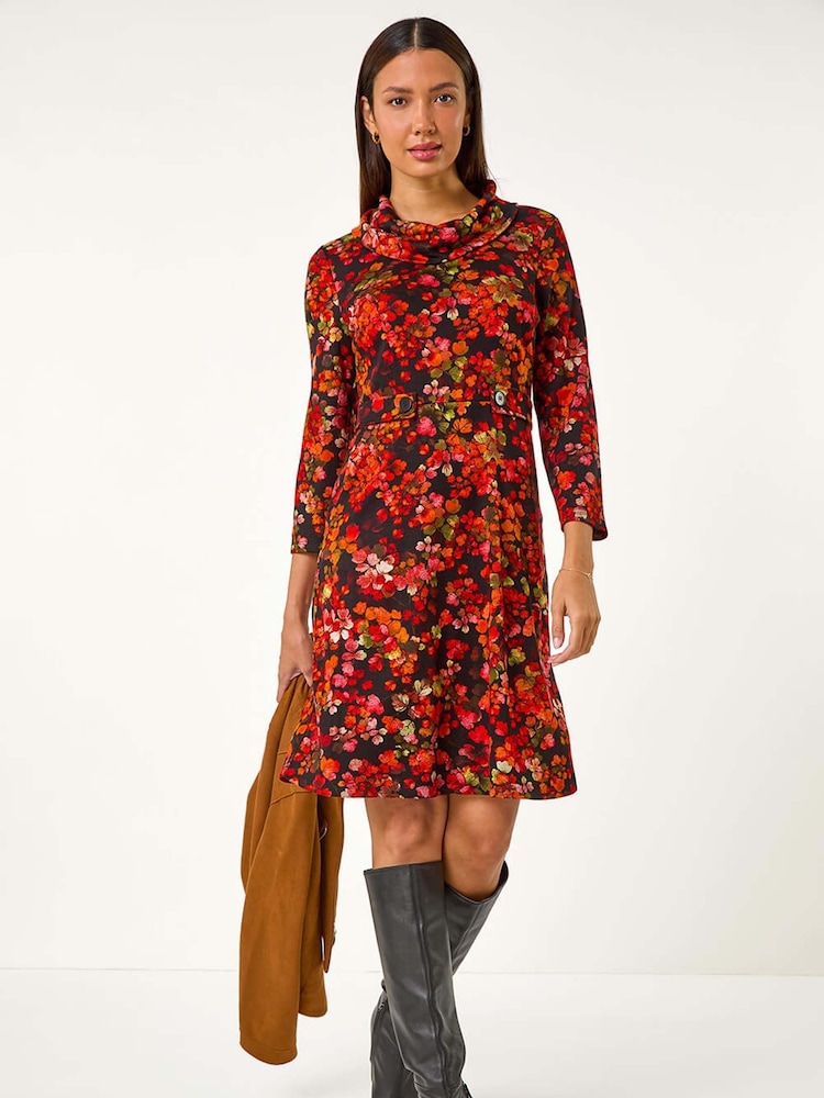 Vestido con estampado de hojas y cuello desbocado con detalle de lengüeta de Roman - Imagen 1 de 5 Vestido con estampado de hojas y cuello desbocado con detalle de lengüeta de Roman - Imagen 1 de 5
