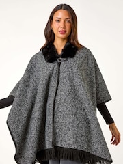 Roman Grey Faux Fur Fringe Hem Poncho - Image 1 of 6