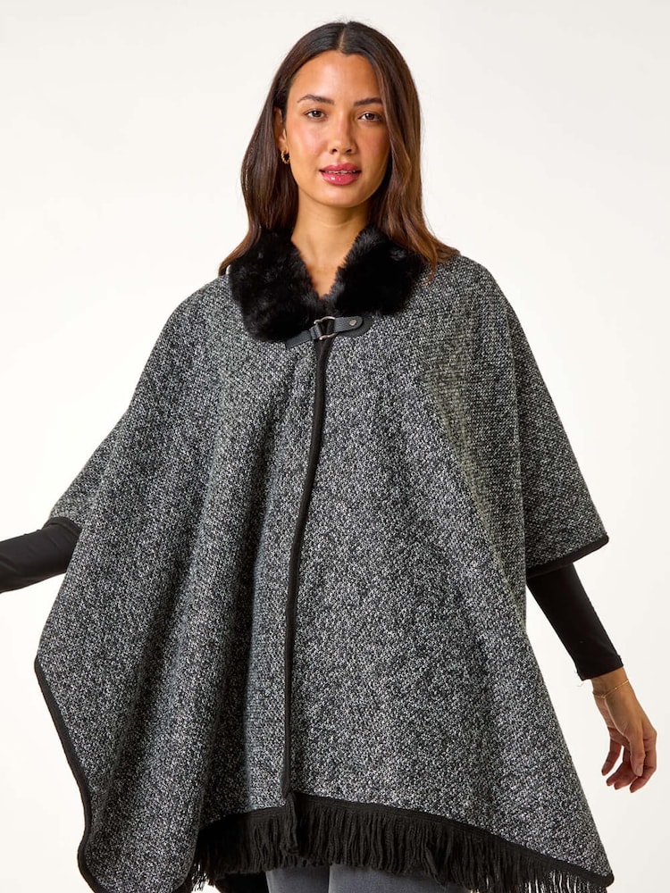 Roman Grey Faux Fur Fringe Hem Poncho - Image 1 of 6