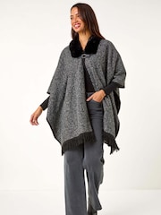 Roman Grey Faux Fur Fringe Hem Poncho - Image 4 of 6