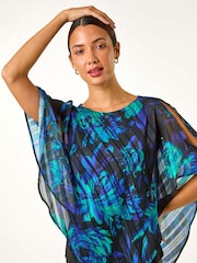Roman Blue Floral Asymmetric Overlay Top - Image 2 of 5