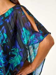 Roman Blue Floral Asymmetric Overlay Top - Image 3 of 5