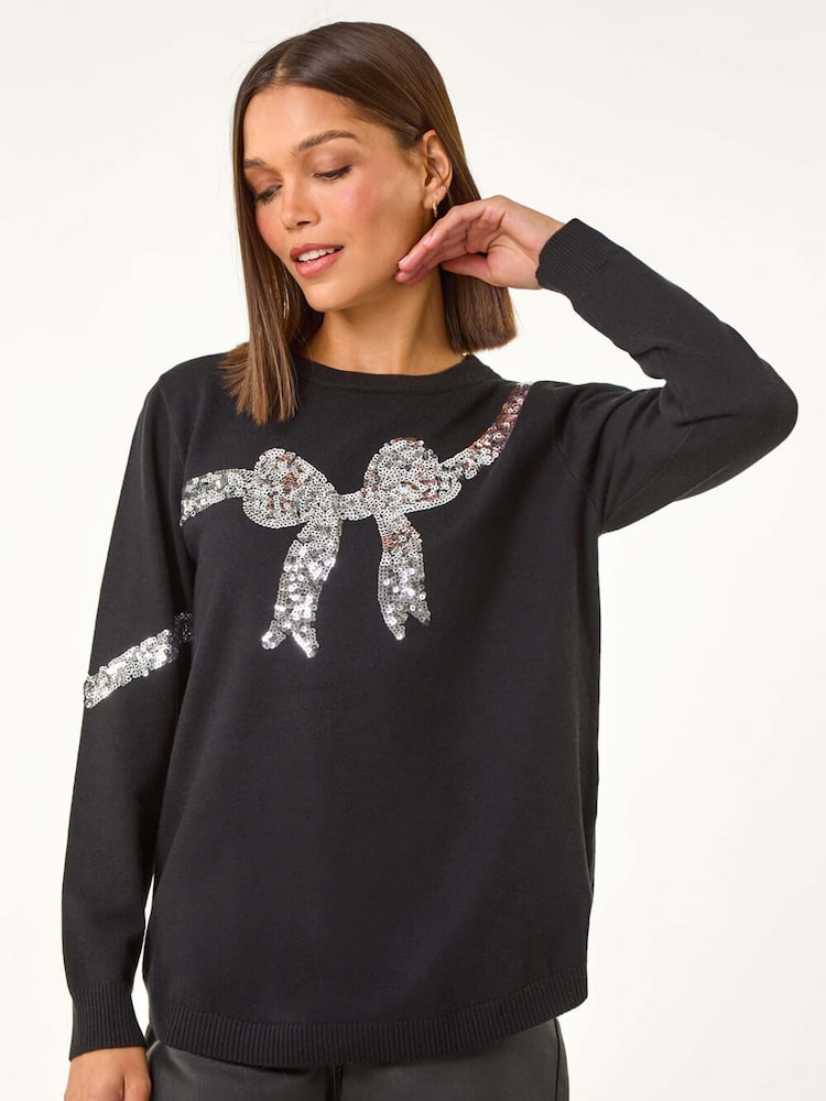 Schwarz - Roman Bow Sequin Detail Knit Jumper - Bild 1 von 5 Schwarz - Roman Bow Sequin Detail Knit Jumper - Bild 1 von 5