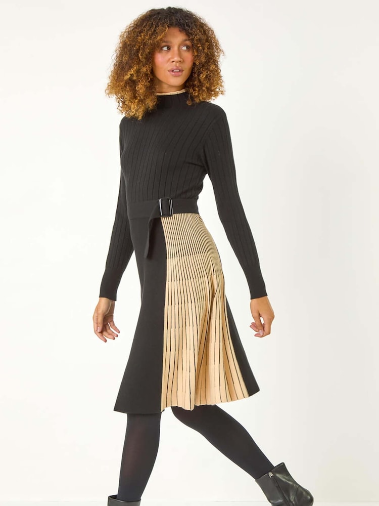 Roman Brown Contrast Panel Belt Knitted Dress - Image 1 of 5