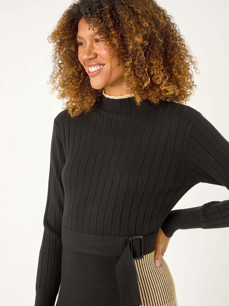Roman Brown Contrast Panel Belt Knitted Dress - Image 2 of 5