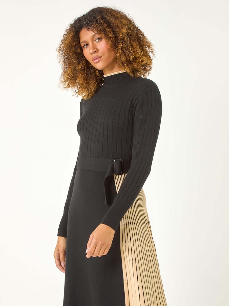 Roman Brown Contrast Panel Belt Knitted Dress - Image 5 of 5