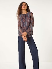 Roman Brown Geometric Print Shimmer Plisse Top - Image 2 of 5
