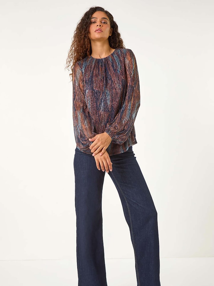 Roman Brown Geometric Print Shimmer Plisse Top - Image 2 of 5