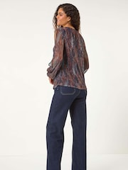Roman Brown Geometric Print Shimmer Plisse Top - Image 3 of 5