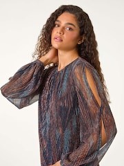 Roman Brown Geometric Print Shimmer Plisse Top - Image 4 of 5