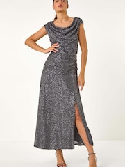 Roman Metallic Sequin Cowl Neck Stretch Maxi Dress - Image 1 of 5
