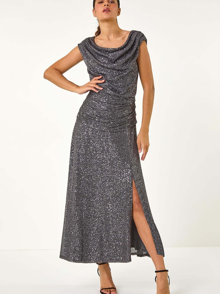 Roman Metallic Sequin Cowl Neck Stretch Maxi Dress - Image 1 of 5