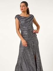 Roman Metallic Sequin Cowl Neck Stretch Maxi Dress - Image 2 of 5