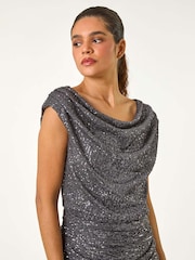 Roman Metallic Sequin Cowl Neck Stretch Maxi Dress - Image 4 of 5