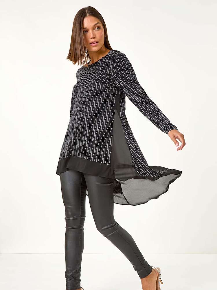 Roman Metallic Print Chiffon Hem Stretch Top - Image 1 of 5