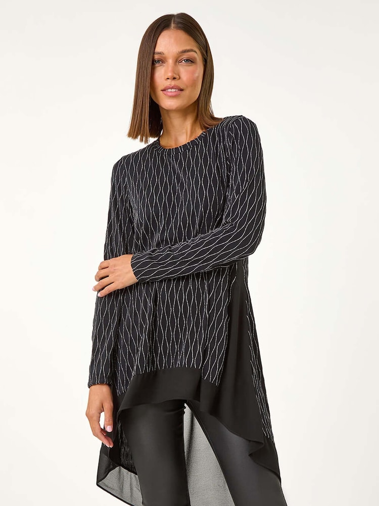 Roman Metallic Print Chiffon Hem Stretch Top - Image 5 of 5