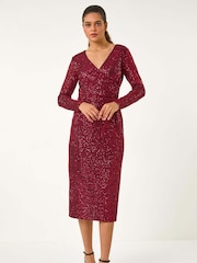 Roman Red Sequin Front Wrap Midi Stretch Dress - Image 1 of 6