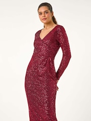 Roman Red Sequin Front Wrap Midi Stretch Dress - Image 4 of 6