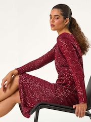Roman Red Sequin Front Wrap Midi Stretch Dress - Image 5 of 6