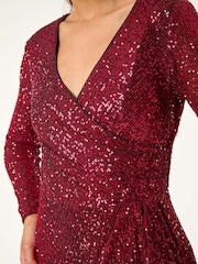 Roman Red Sequin Front Wrap Midi Stretch Dress - Image 6 of 6