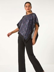 Roman Purple Sequin Overlay Stretch Tunic Top - Image 1 of 5