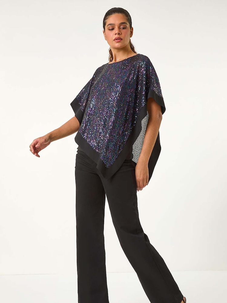 Roman Purple Sequin Overlay Stretch Tunic Top - Image 1 of 5