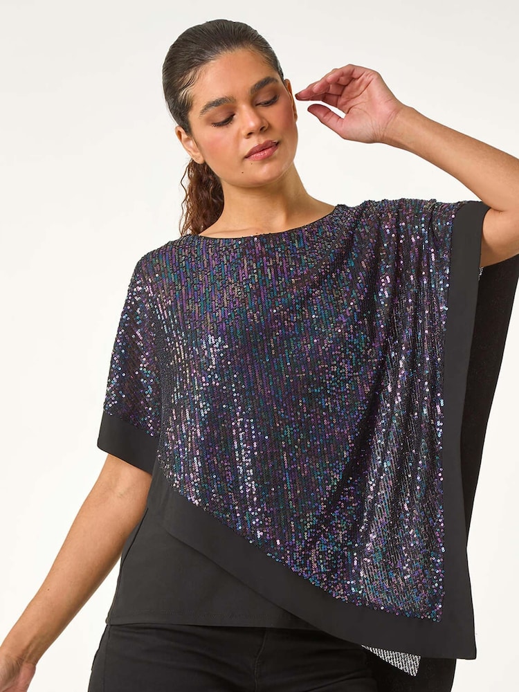 Roman Purple Sequin Overlay Stretch Tunic Top - Image 2 of 5