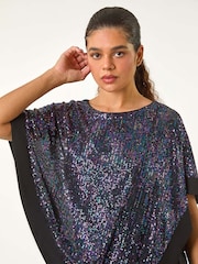 Roman Purple Sequin Overlay Stretch Tunic Top - Image 4 of 5