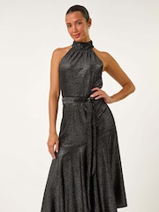 Roman Black Velvet Halter Neck Ruffle Hem Midi Dress - Image 1 of 5