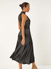 Roman Black Velvet Halter Neck Ruffle Hem Midi Dress - Image 2 of 5