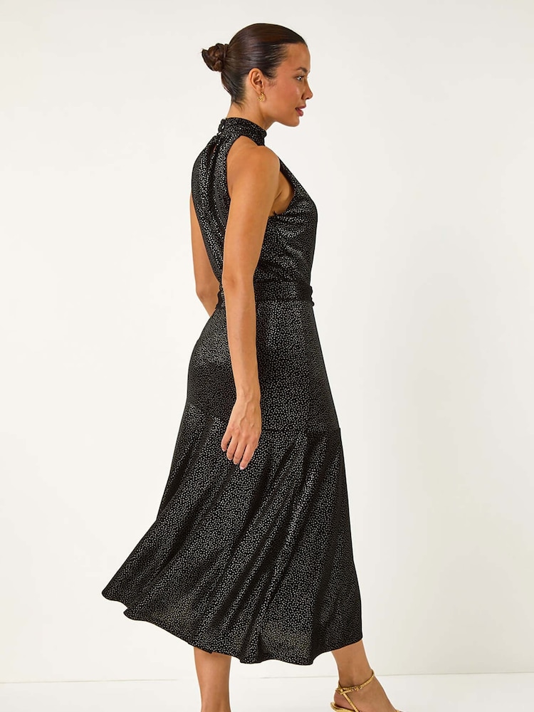 Roman Black Velvet Halter Neck Ruffle Hem Midi Dress - Image 2 of 5
